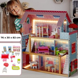Drevený domček pre bábiky s LED svetlom, 76 x 30 x 82 cm
