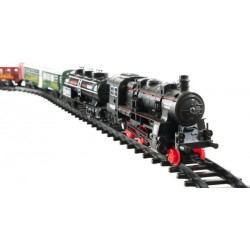 Vlak + 3 vagóny s kolejemi 24ks plast na baterie se světlem se zvukem v krabici 59x39x6cm