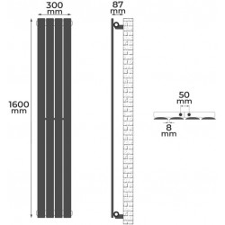 Vertikálne radiátor, stredové pripojenie, 1600 x 300 x 52 mm