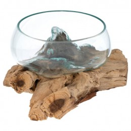 Fúkaná sklenená miska na teakovom dreve, 15 cm