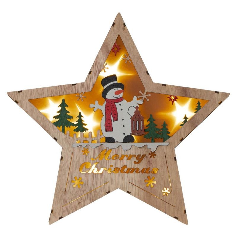 Drevená hviezda s motívom snehuliaka, 8 LED, teplá biela