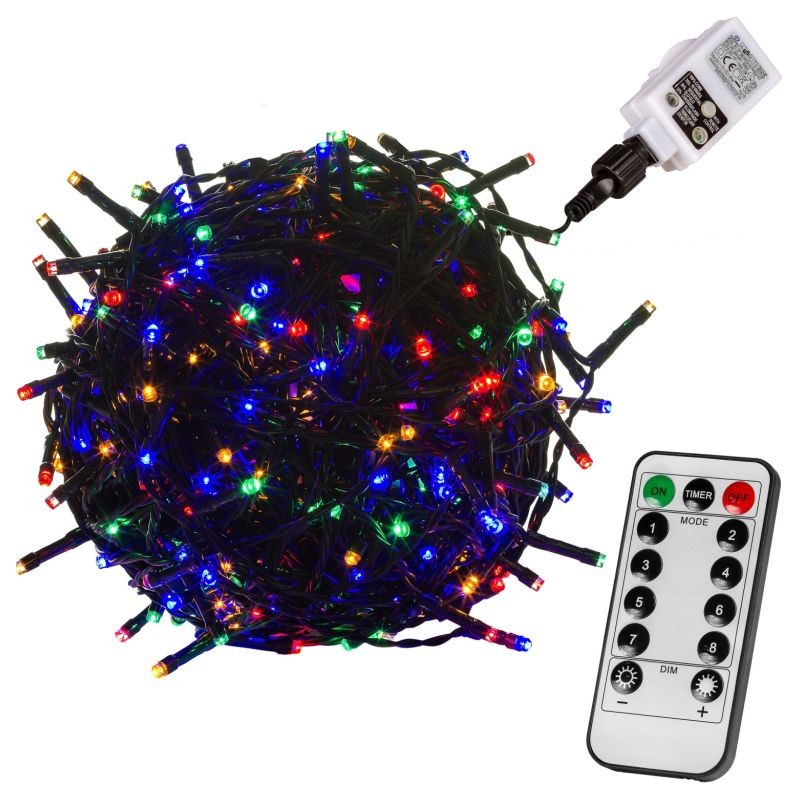 Vianočné LED osvetlenie 10 m - farebná 100 LED + ovládač - zelený kábel